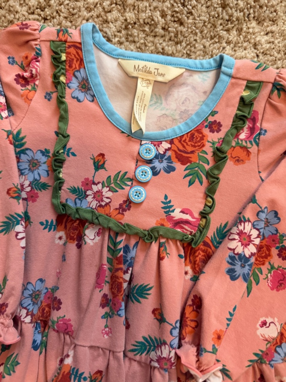 Matilda Jane Pink Floral Tiered Dress with Blue Trim - Picture 2 of 4